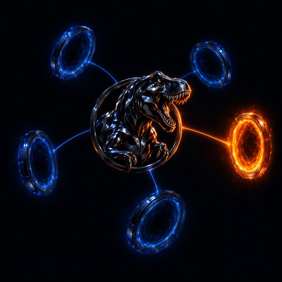 An emblem at the center of glowing portals, one lit and the rest waiting