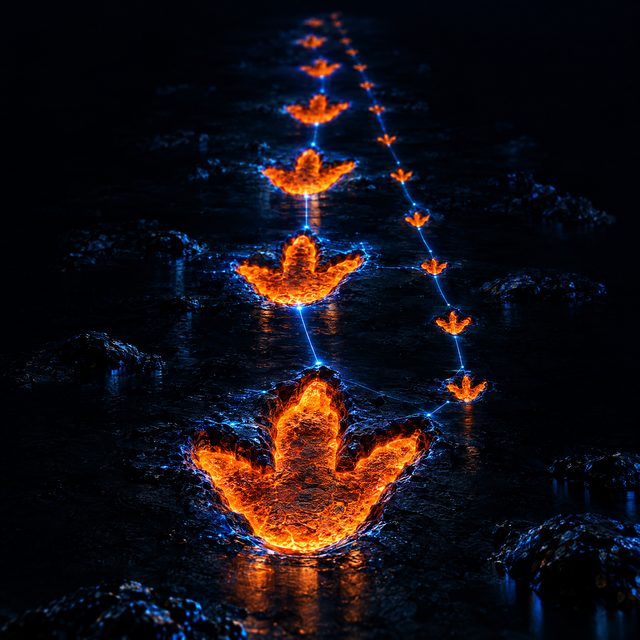 Glowing footprints followed by a second set