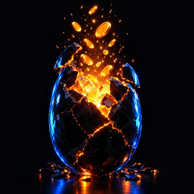 An egg cracking open with light and coins
